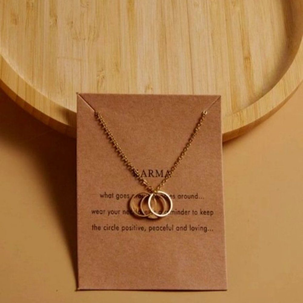 GOLD PLATED KARMA 3-CIRCLE PENDANT NECKALCE WITH INSPIRATIONAL CARD